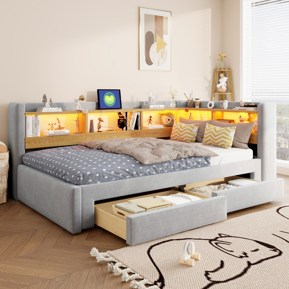 3-in-1 Extendable Sofa Bed 90x200cm with LED & Drawers, Wood