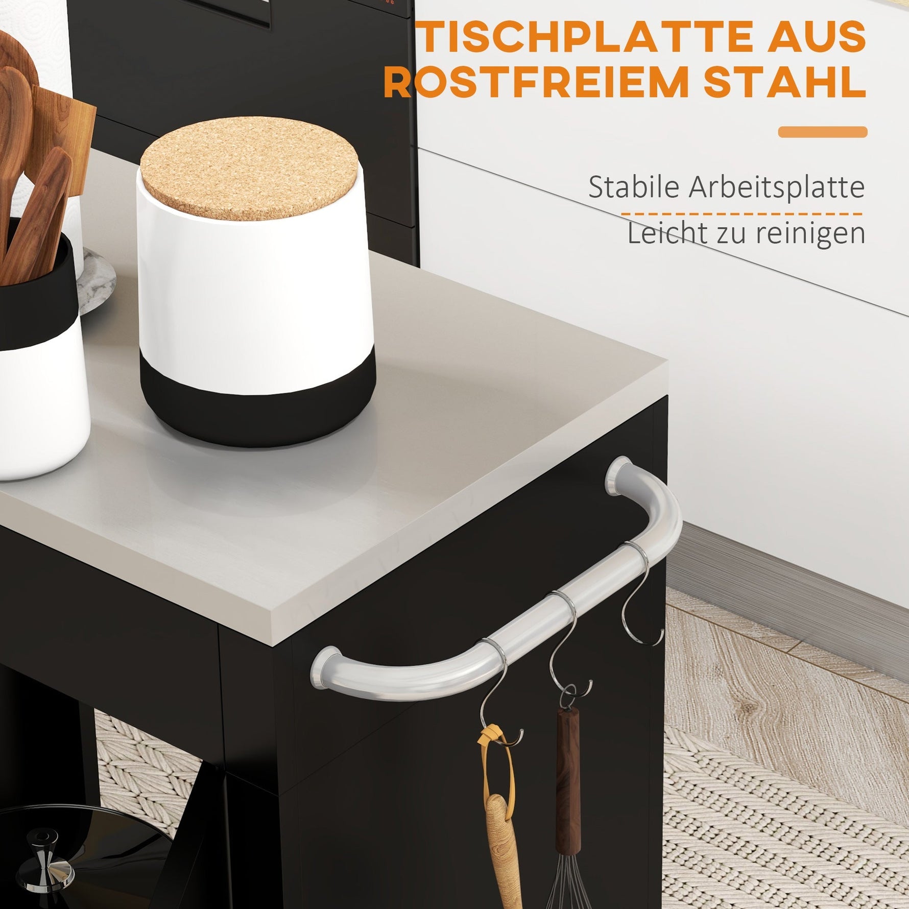 Kitchen Trolley Serving Cabinet with Wheels Hooks 86x50x86.5cm, Black Stainless Steel