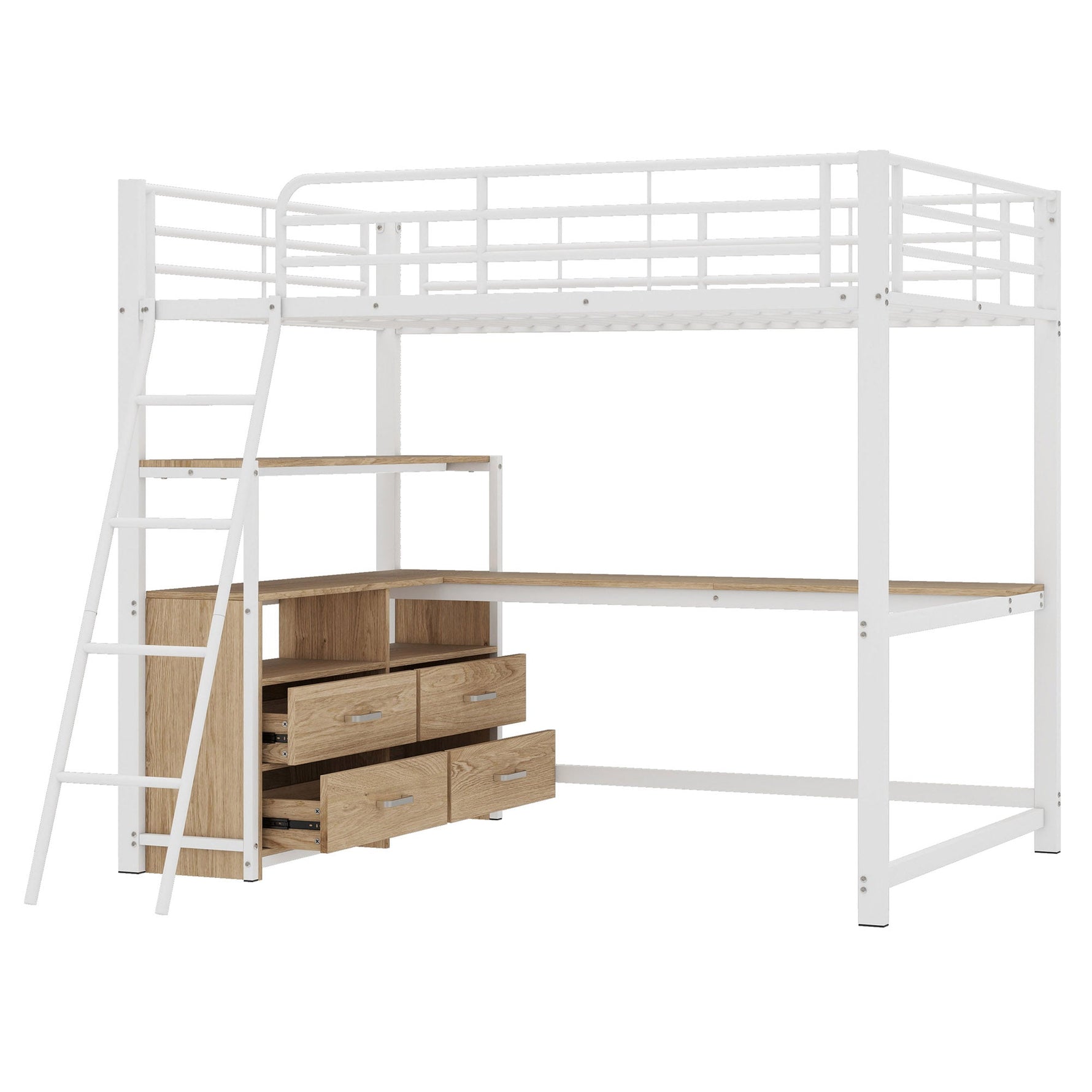 Loft Bed with L-Shaped Desk and Storage Drawers, White Metal Frame