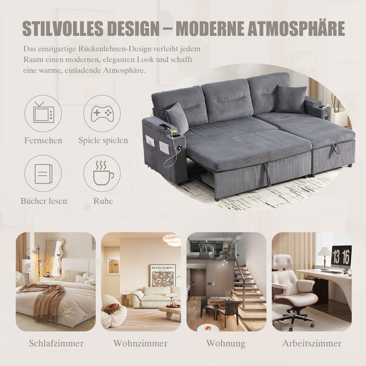 Modern 3-Seater Sofa with Storage, Cup Holders and USB-C Charging, Corduroy