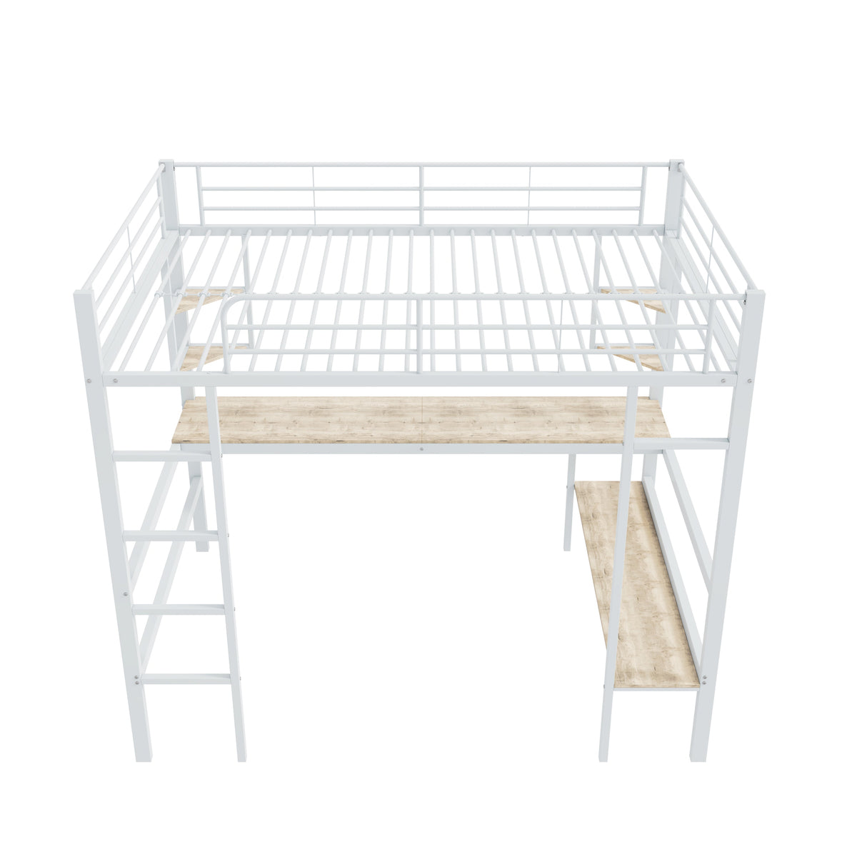 Loft Bed with Desk and Bookshelf, 90x200cm Metal Frame, White