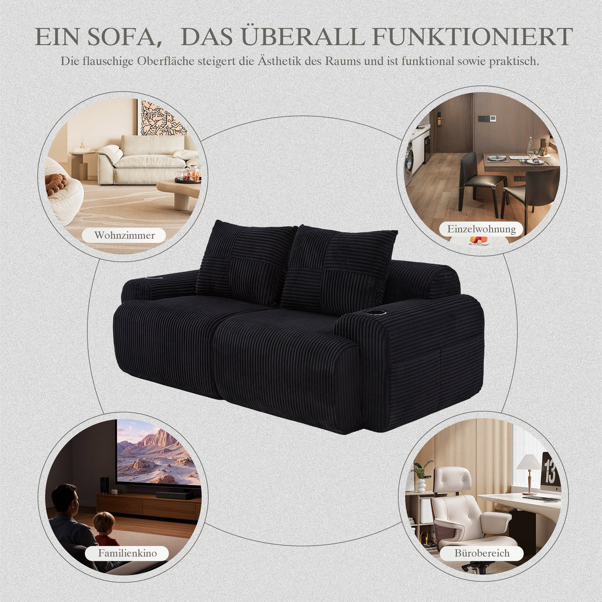Modular Corduroy Sofa for 2 People, Combinable with Cup Holder and Storage Pocket, Black
