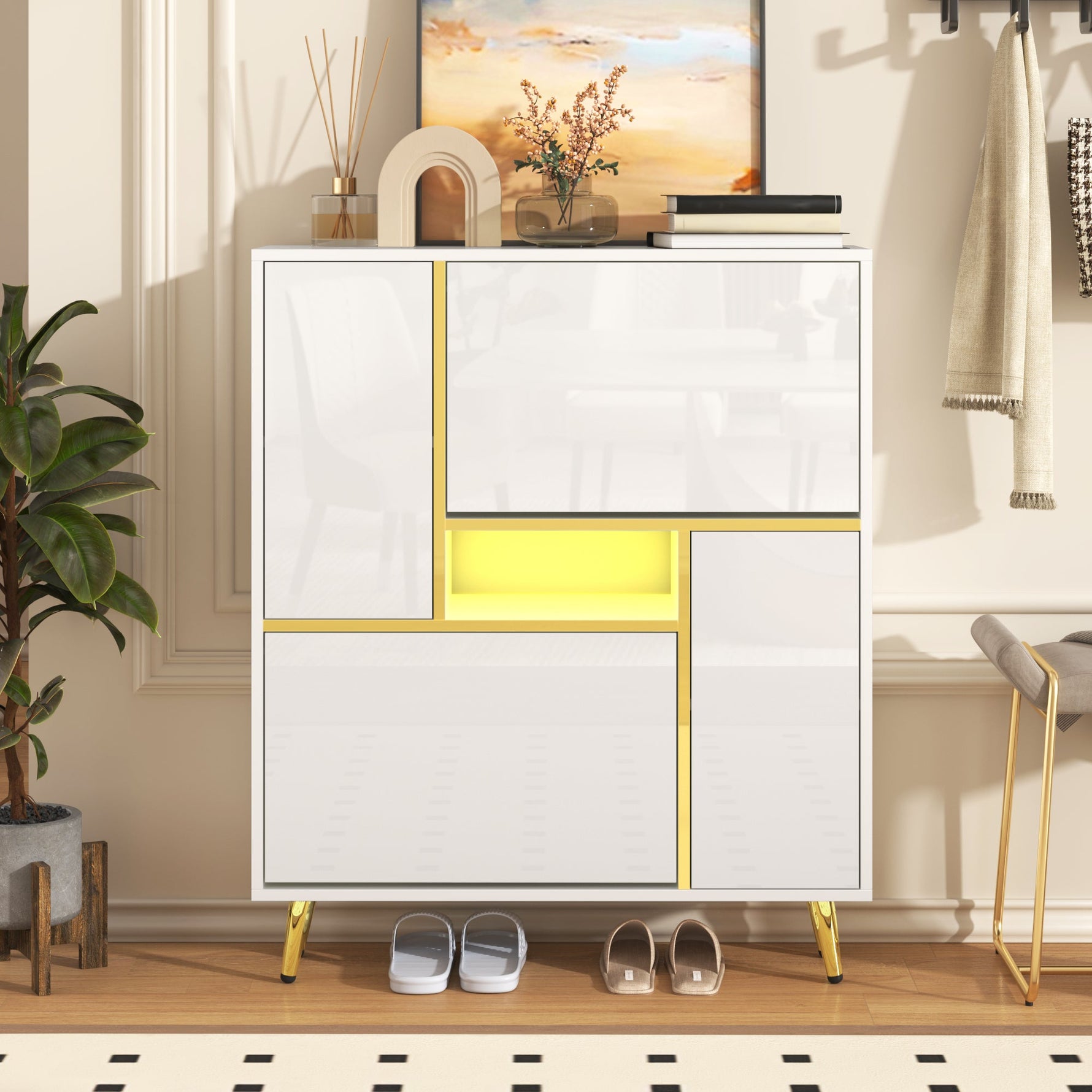 Modern Shoe Cabinet with 16-Color LED Light, White High-Gloss