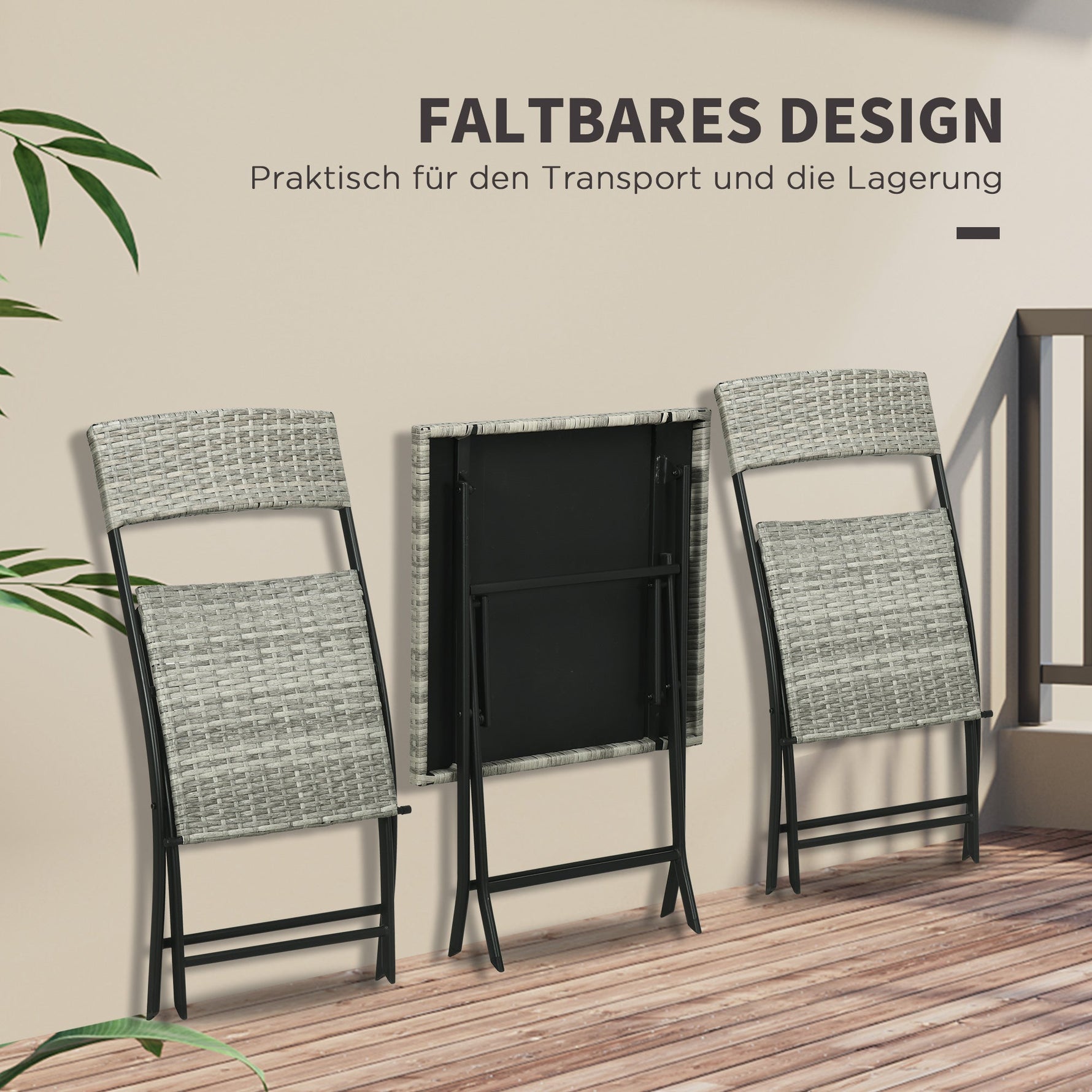 Balcony Furniture Set, 3-Piece Rattan Bistro with 2 Folding Chairs and Table, Light Grey Metal