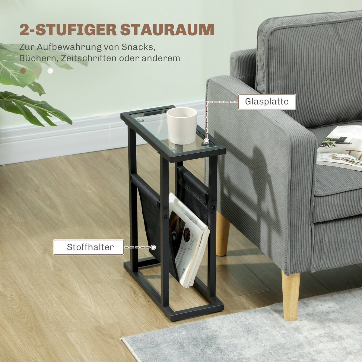 Side Table Coffee Table with Fabric Bag, Glass Top, Metal, Black