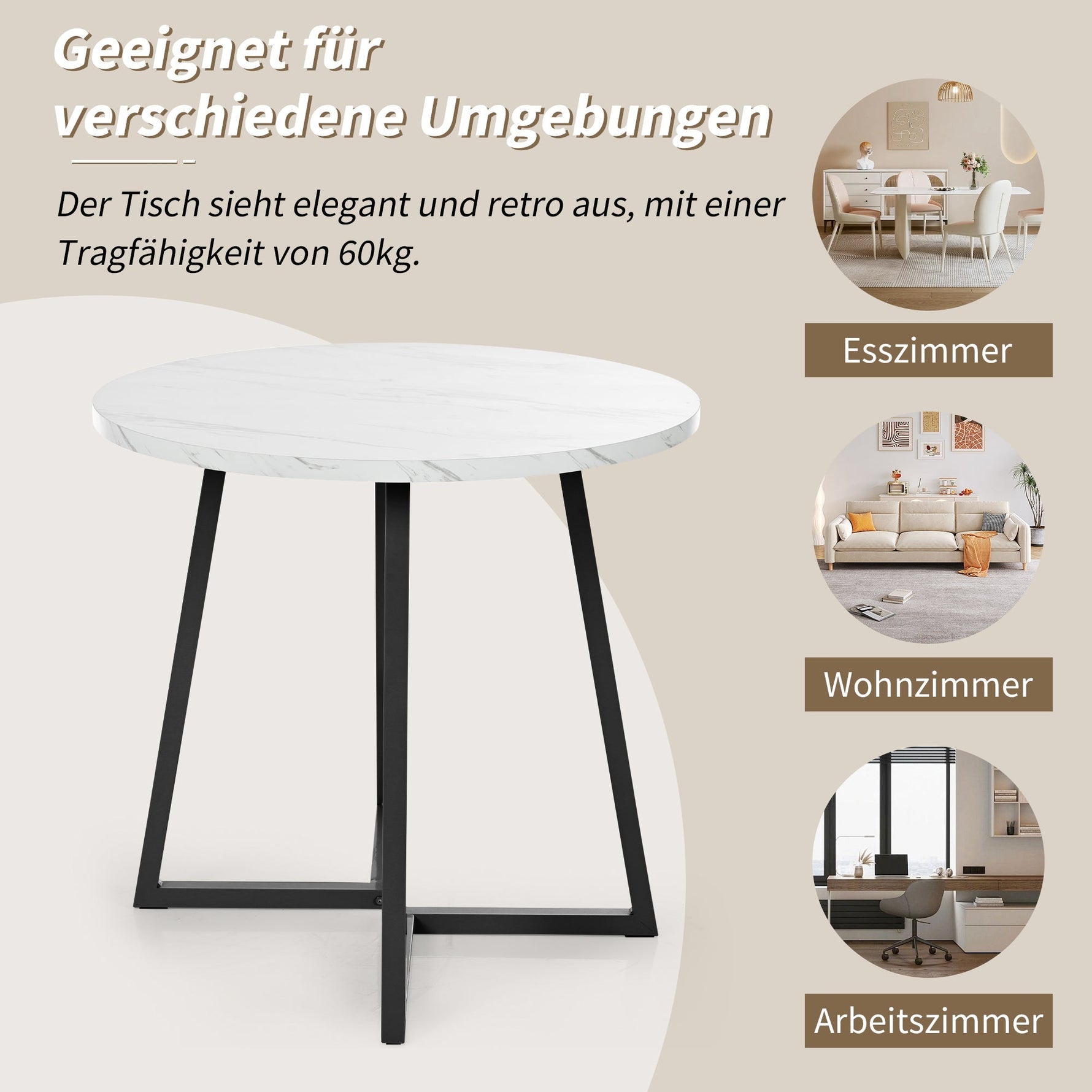 Round Dining Table, Modern Marble Pattern, Unique Metal Frame, White/Black