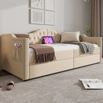 Upholstered Bed, Daybed Sofa Bed with USB C & 2 Drawers, 90x200cm Beige Velvet