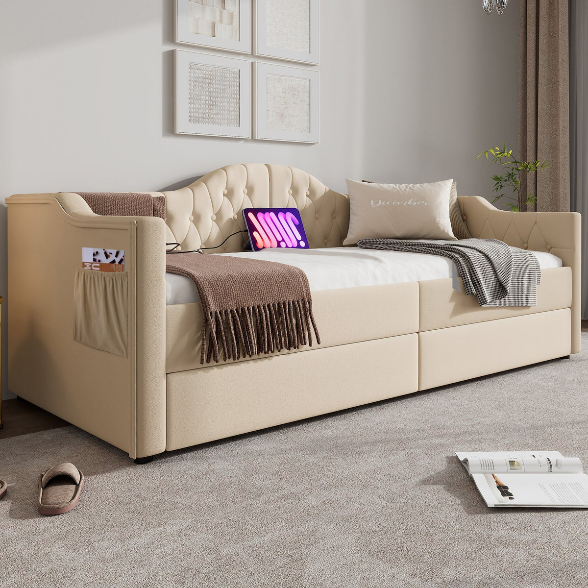 Upholstered Bed, Daybed Sofa Bed with USB C & 2 Drawers, 90x200cm Beige Velvet