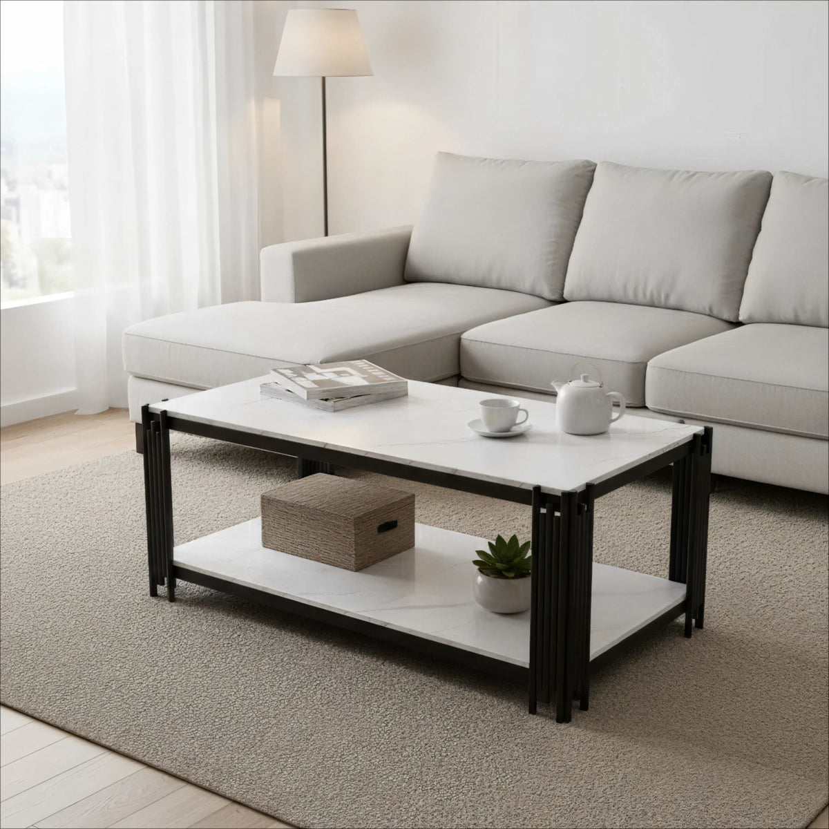 Rectangular Coffee Table Modern Marble-Effect Top Metal Legs White and Black