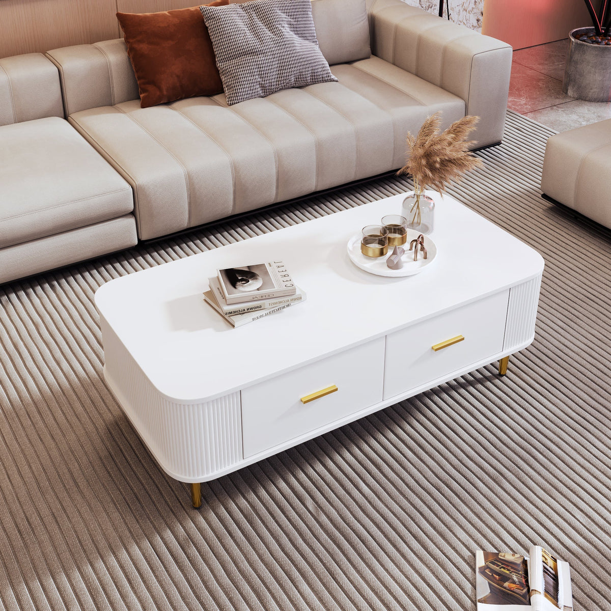 Coffee Table with Drawers, Curved Corners, Wavy Sides, Gold