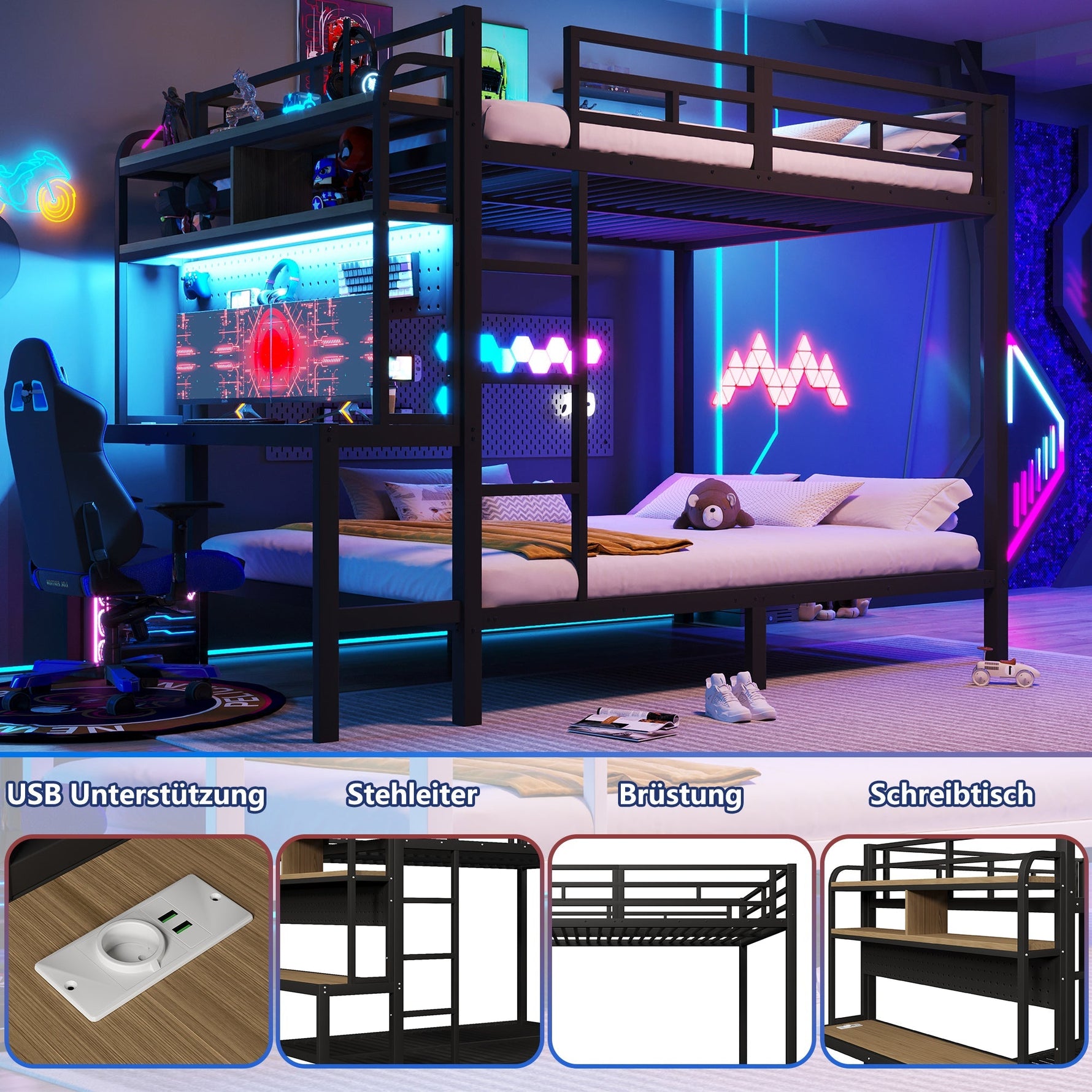 Bunk Bed with Desk, Storage, LED Light and USB Port, 140 x 200 cm, Black Iron