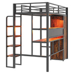 Metal Loft Bed with Large Desk, Wardrobe and LED Light Strip, Black