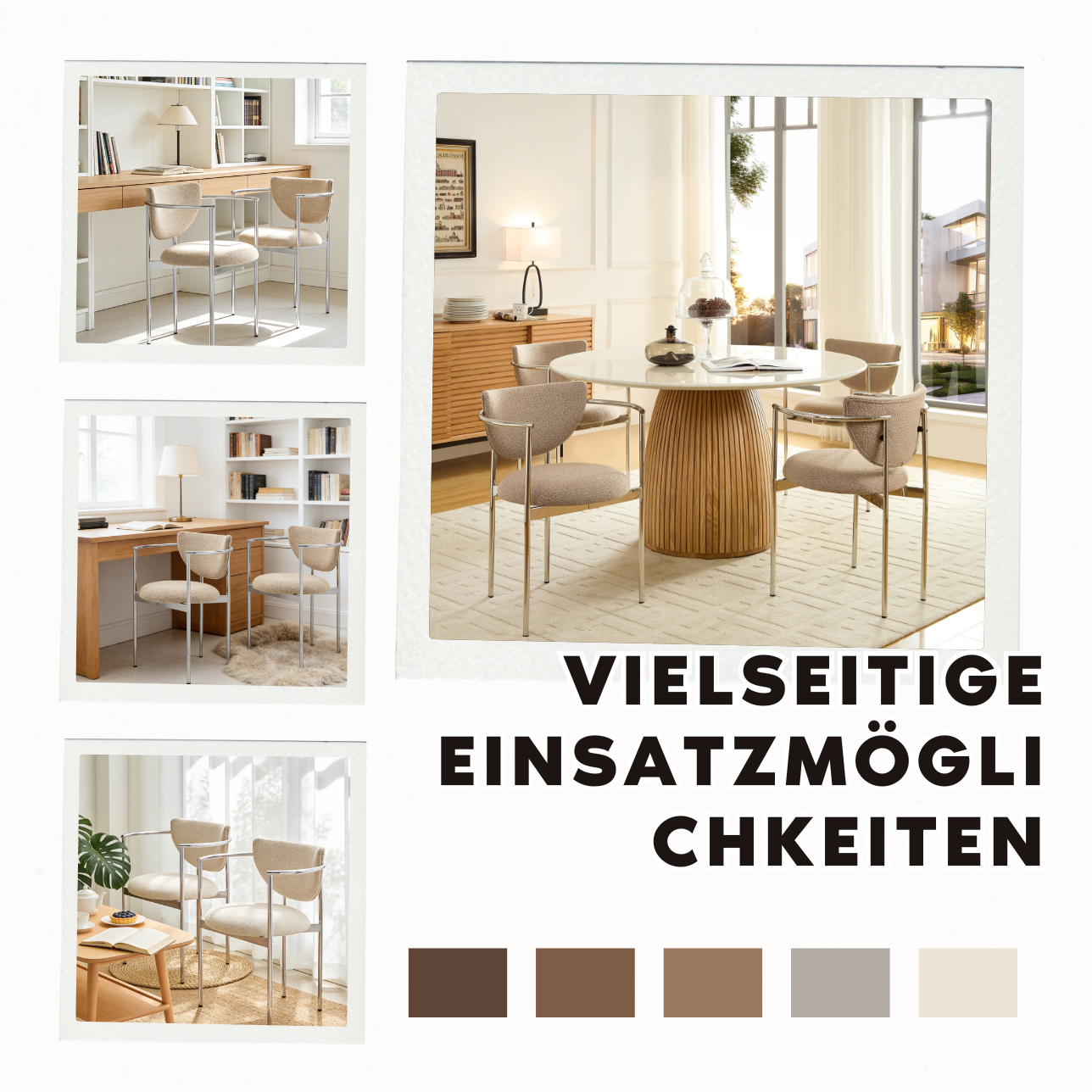 Lunar Dining Chair - Polished Stainless Steel Frame - Light Khaki