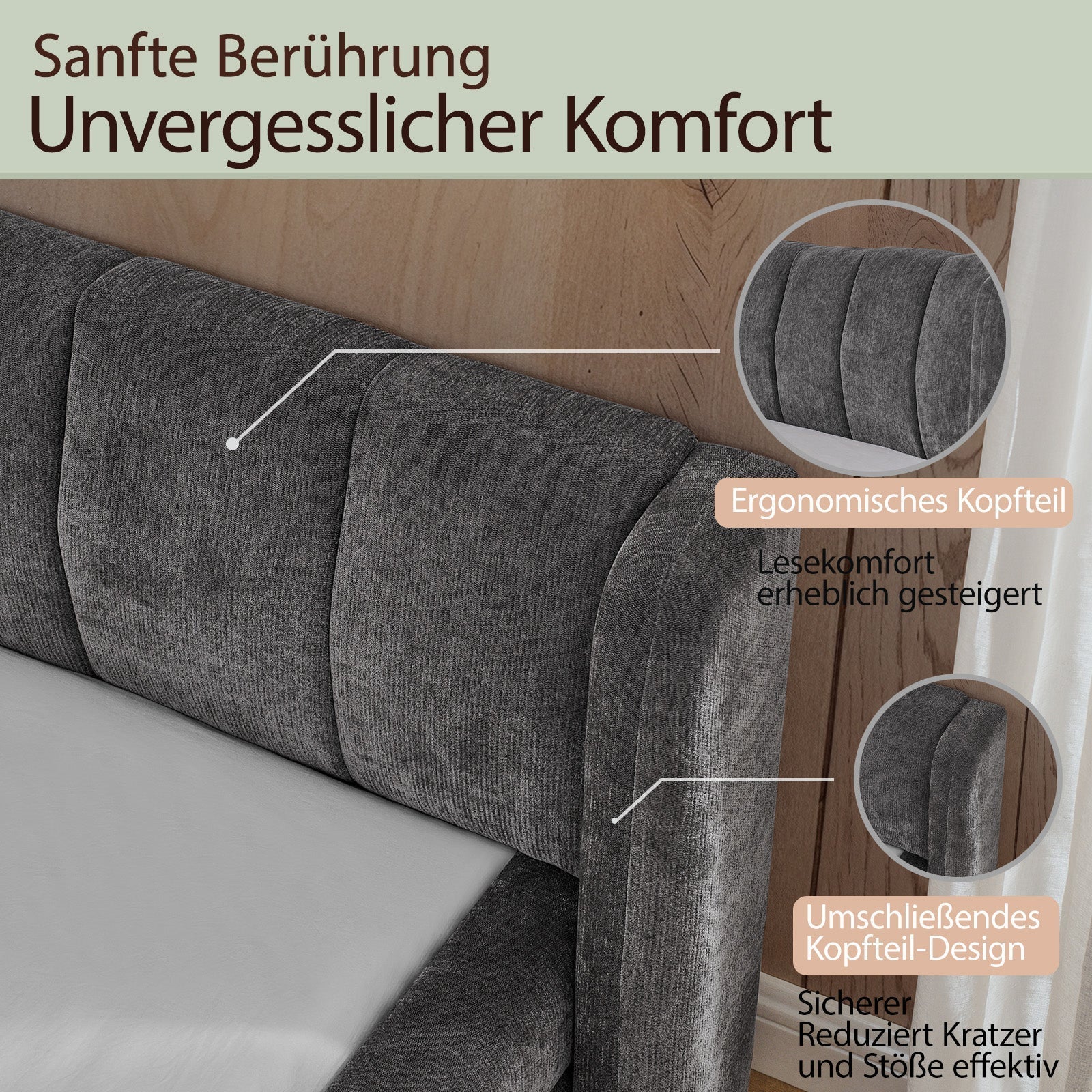 Double Bed 140x200cm Comfortable Backrest Chenille - Dark Grey