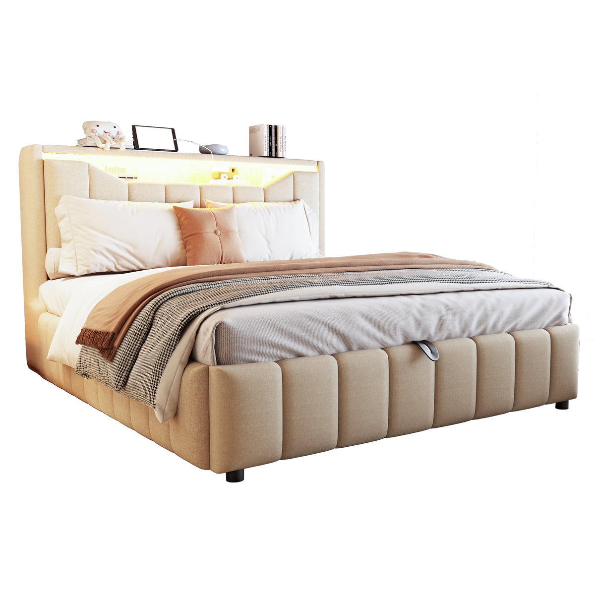 Upholstered Storage Bed 140x200 cm with LED & USB, Beige Linen