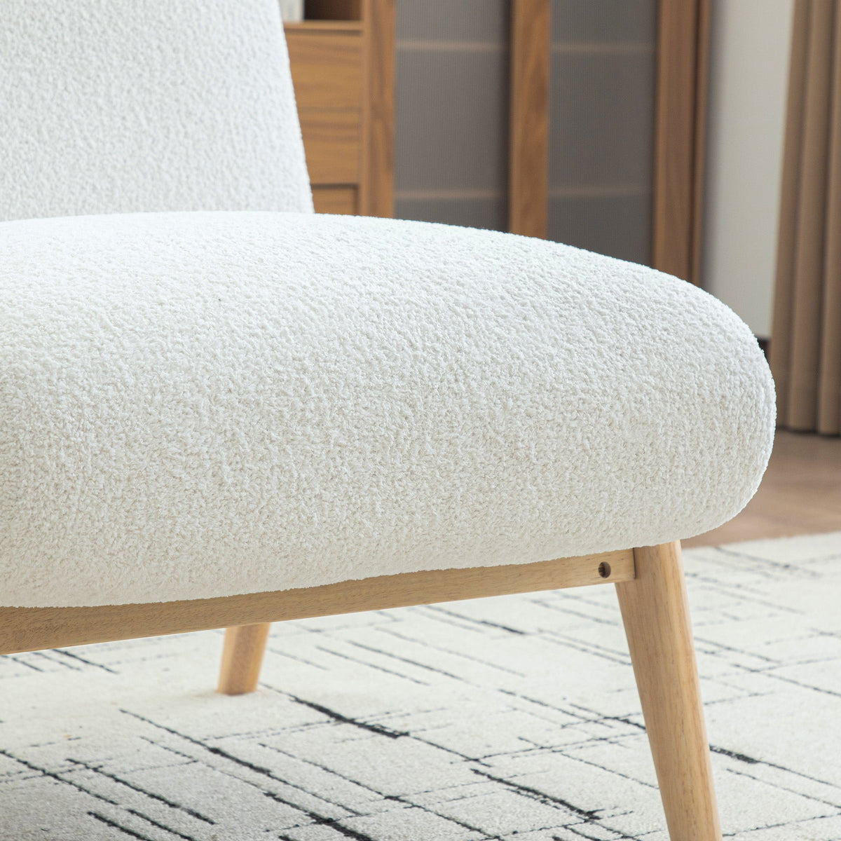 Scandinavian Lounge Chair with Wooden Frame and Soft Chenille Fabric, Ivory