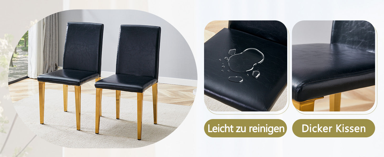 Minimalist Dining Chairs Set of 2 with Gold Metal Legs, Black PU Leather