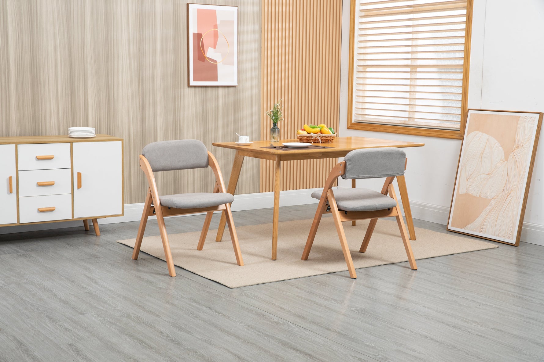 Folding Dining Chairs Set of 2 Padded Stackable Wooden Removable Cover Grey