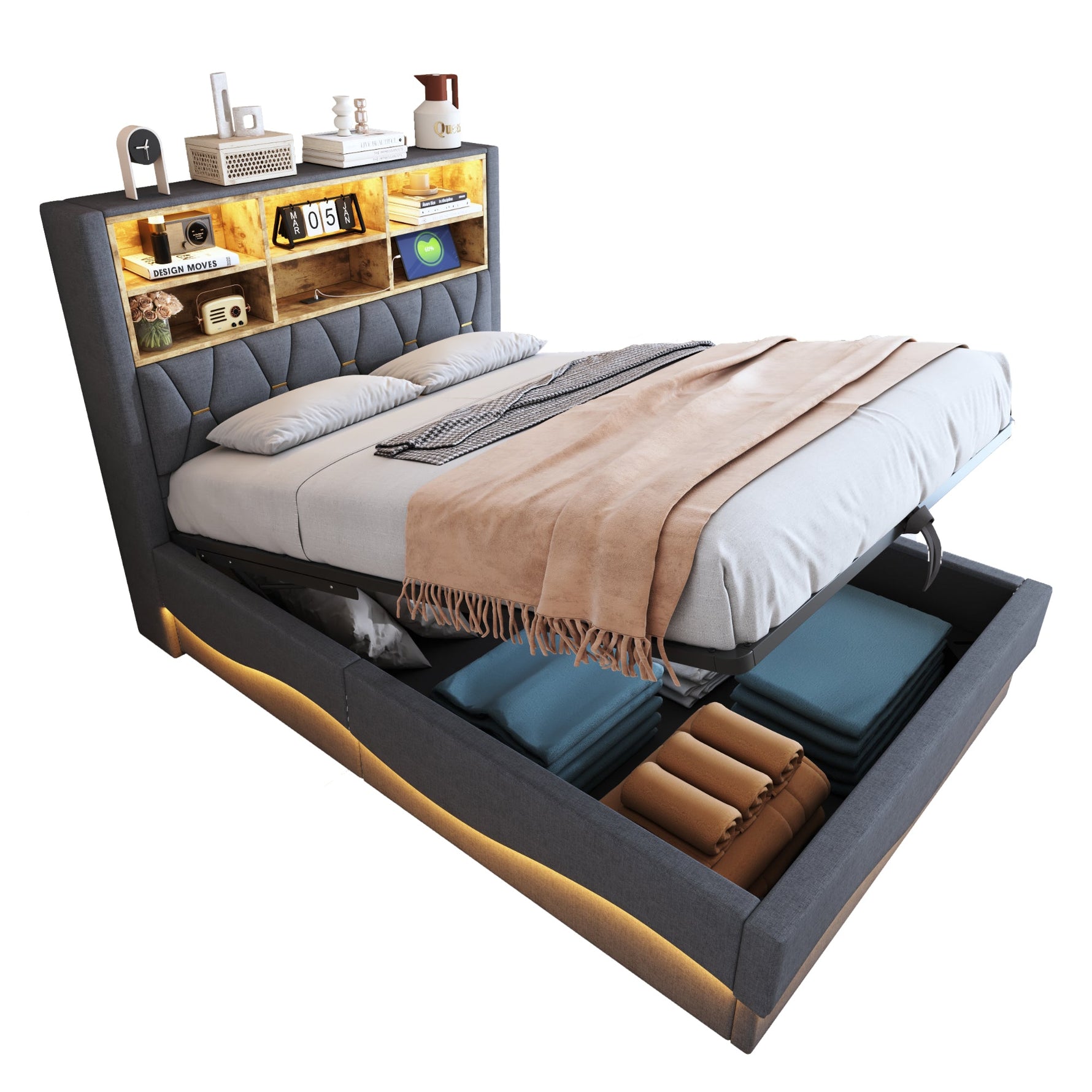 Upholstered Bed 140x200, Hydraulic Storage, LED Light, USB Port, Linen Upholstery Grey