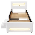 Upholstered Platform Bed 90x200cm Stairs Drawers LED USB Storage Pockets - White