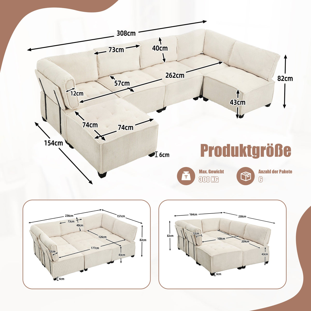 Modular 6-Seater Sofa 308cm Ergonomic Storage Pockets Corduroy, Beige