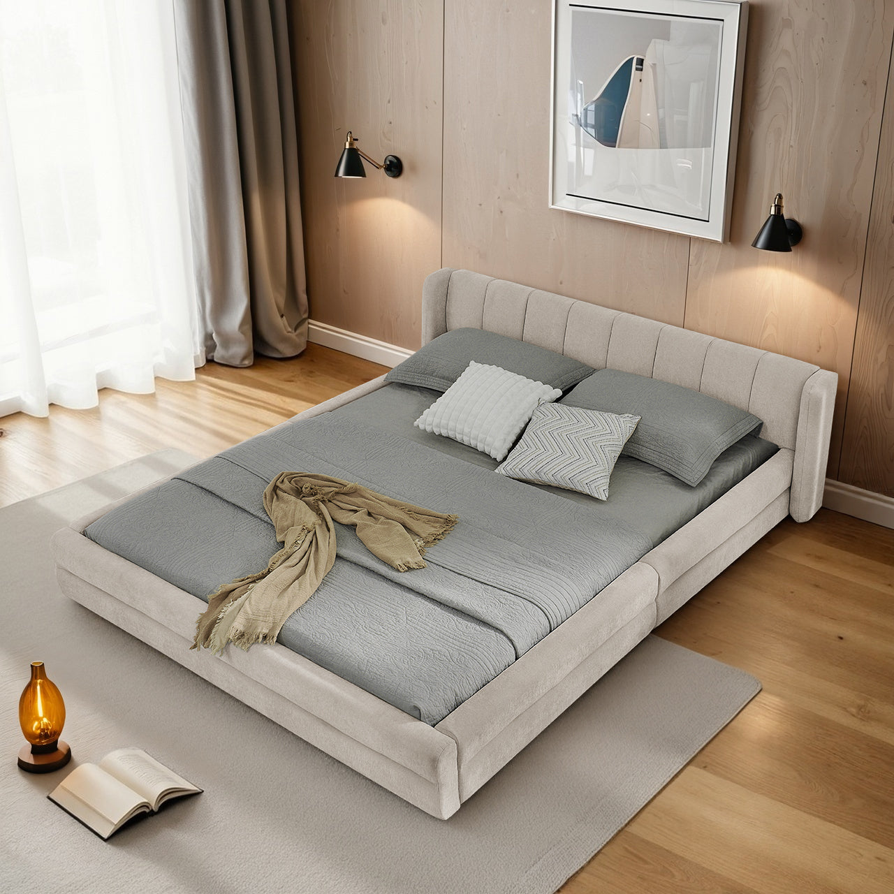 Double Bed 160x200cm Comfortable Backrest Sturdy Frame Easy Assemble Beige Chenille