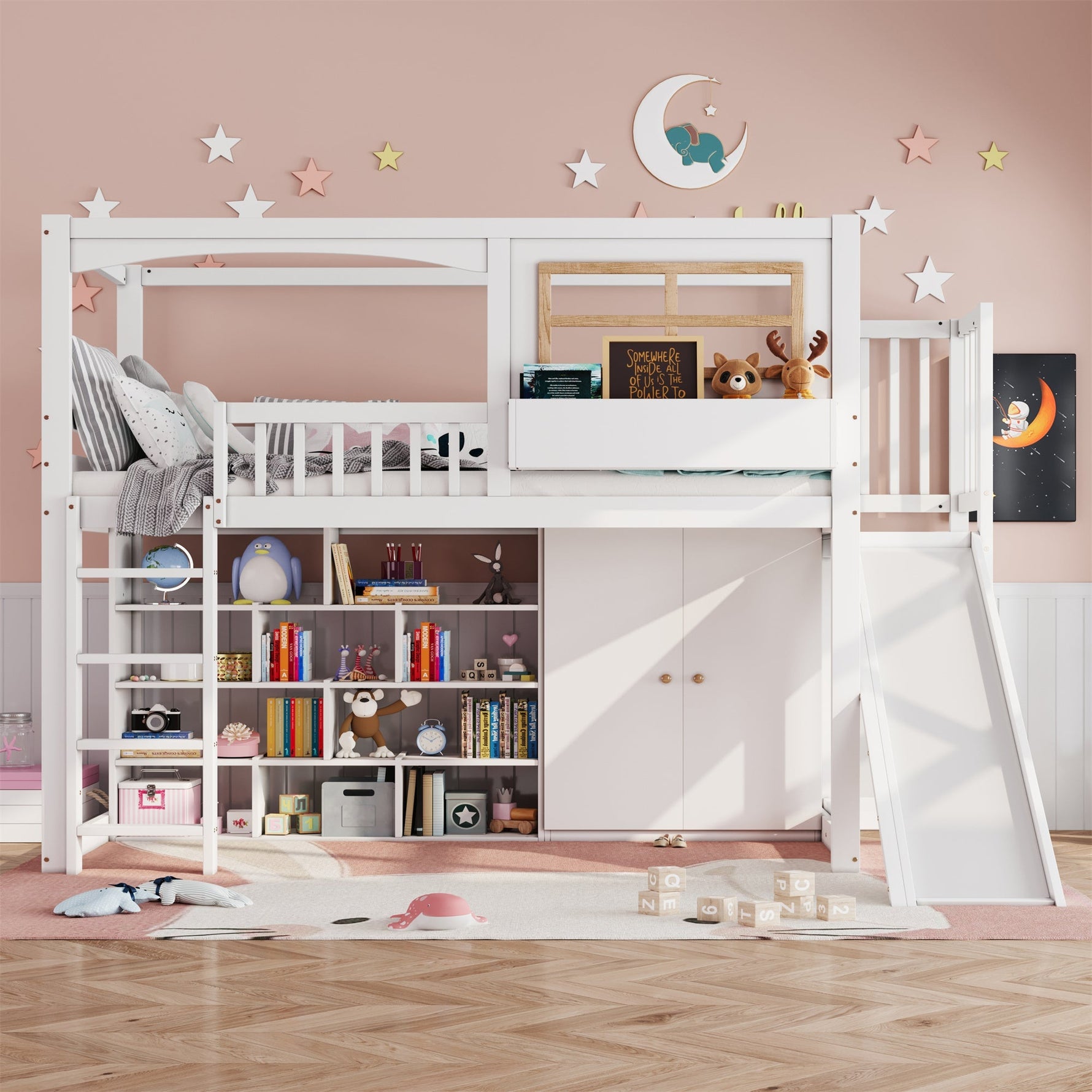 Bunk Bed Children's Slide Wardrobe Storage 90x200cm, Pine/White