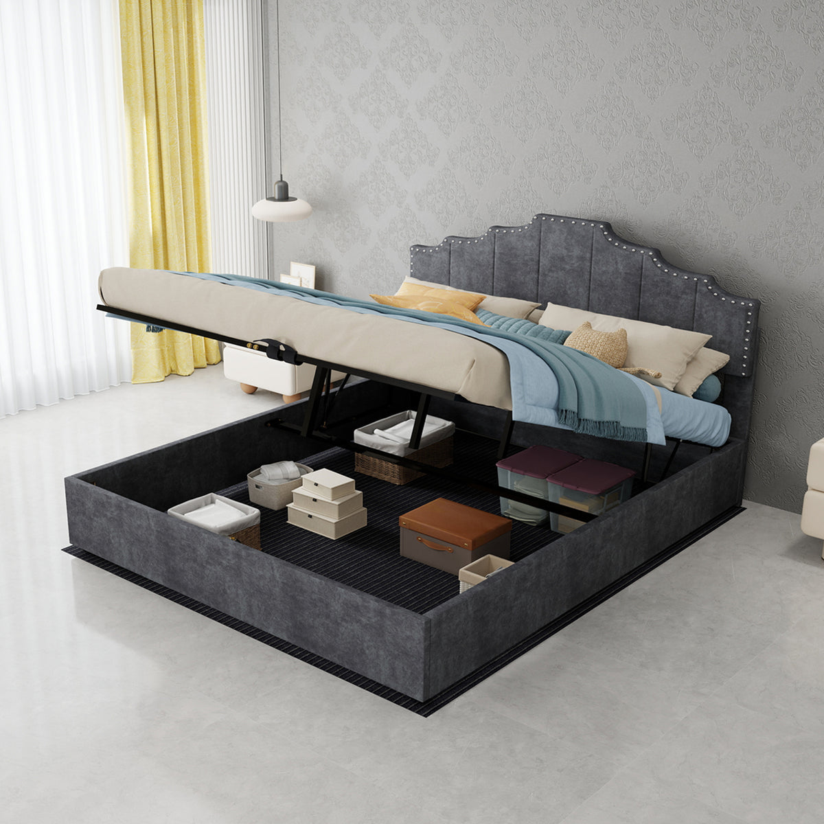 Modern Soft Bed with Mattress & Storage, 160x200cm, Gray