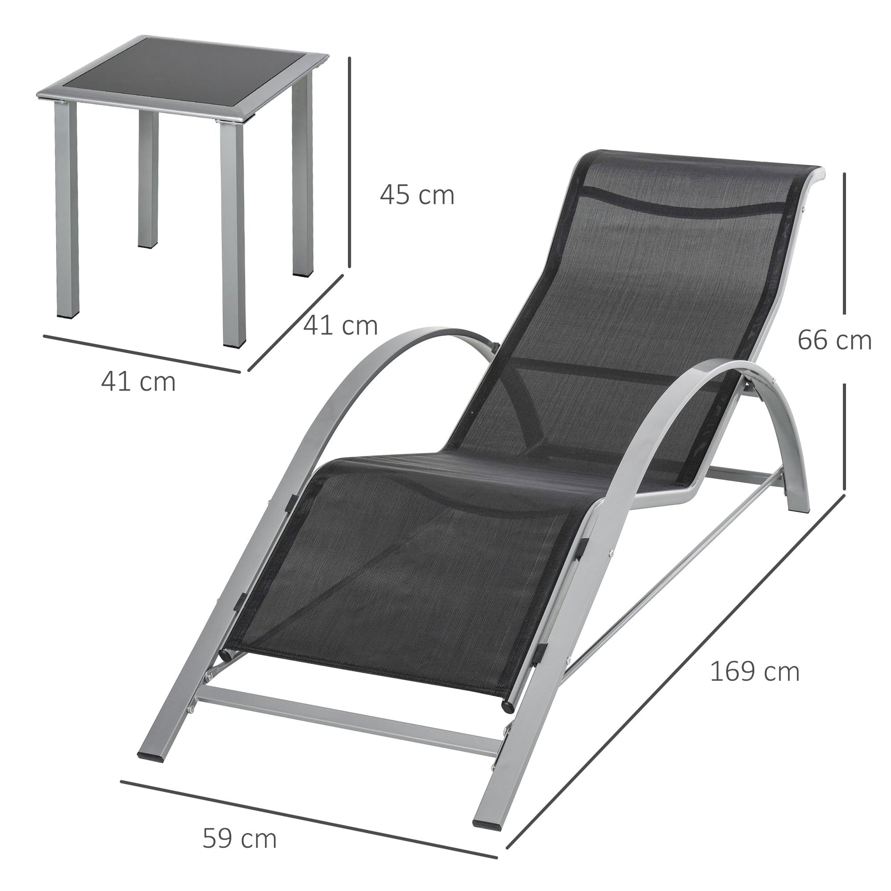 Garden Seating Set, 3-Piece Lounger & Table 2 Chairs Patio, Metal Mesh Black