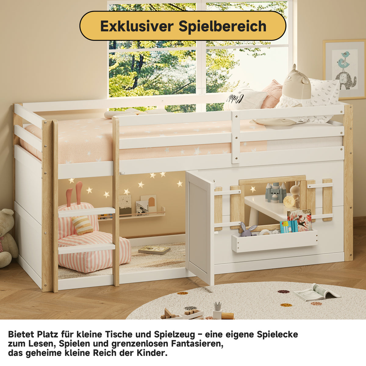 Children's Loft Bed 90x200cm with Ladder & Play Area White