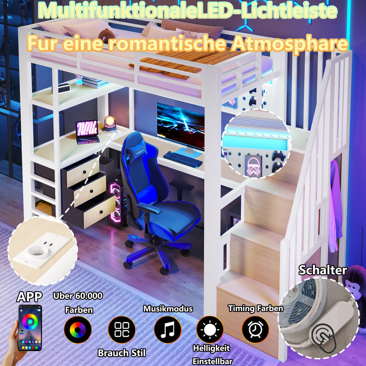 Loft Bed 90x200cm with Desk, Drawer & LED - White Metal
