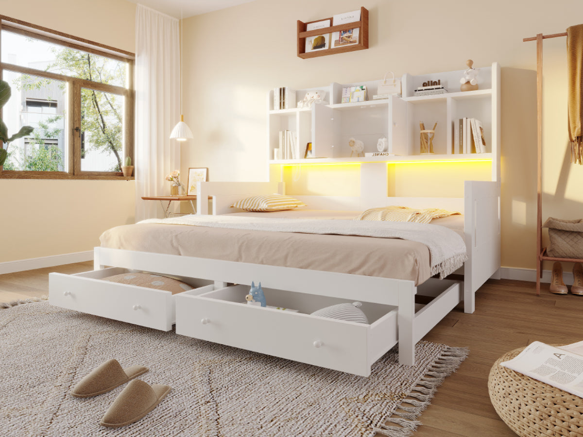Extendable Wooden Sofa Bed with Storage Drawers & LED - White