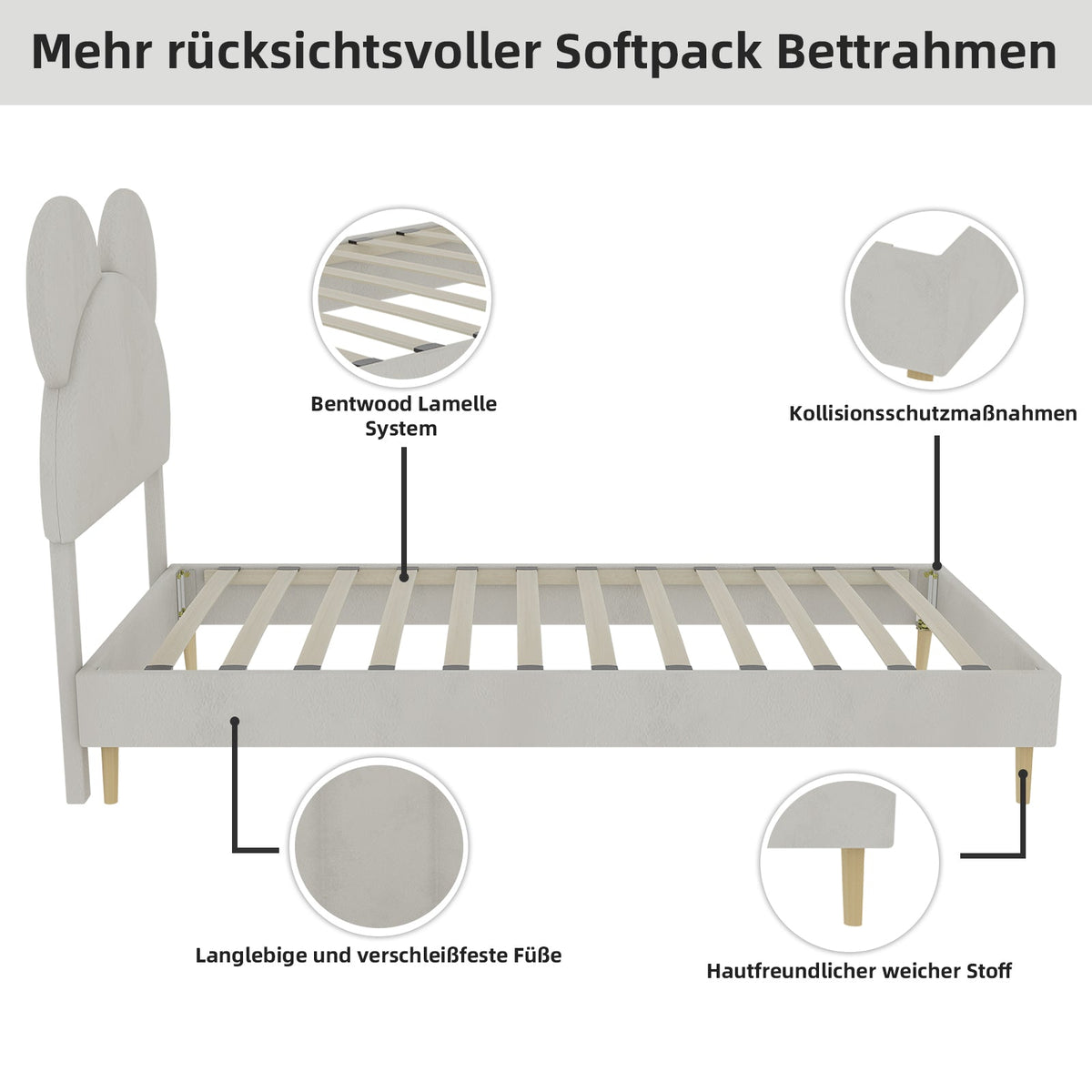 Upholstered Bed, Modern Minimalist Cartoon-Themed Headboard, 90x200 cm, Beige