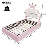 Upholstered Bed 90x200cm Hydraulic Storage LED Crown Shape Adjustable Headboard - PU Pink
