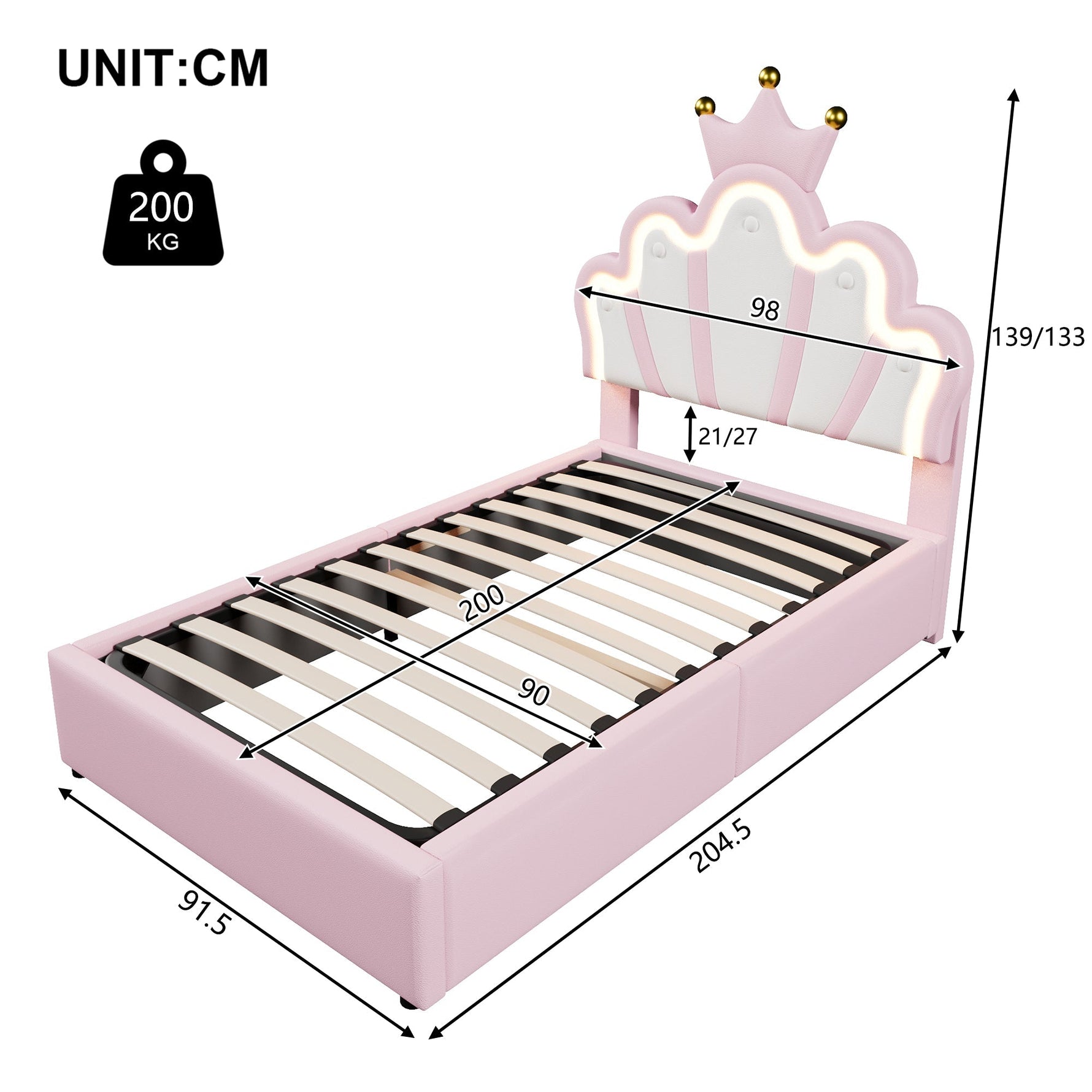 Upholstered Bed 90x200cm Hydraulic Storage LED Crown Shape Adjustable Headboard - PU Pink