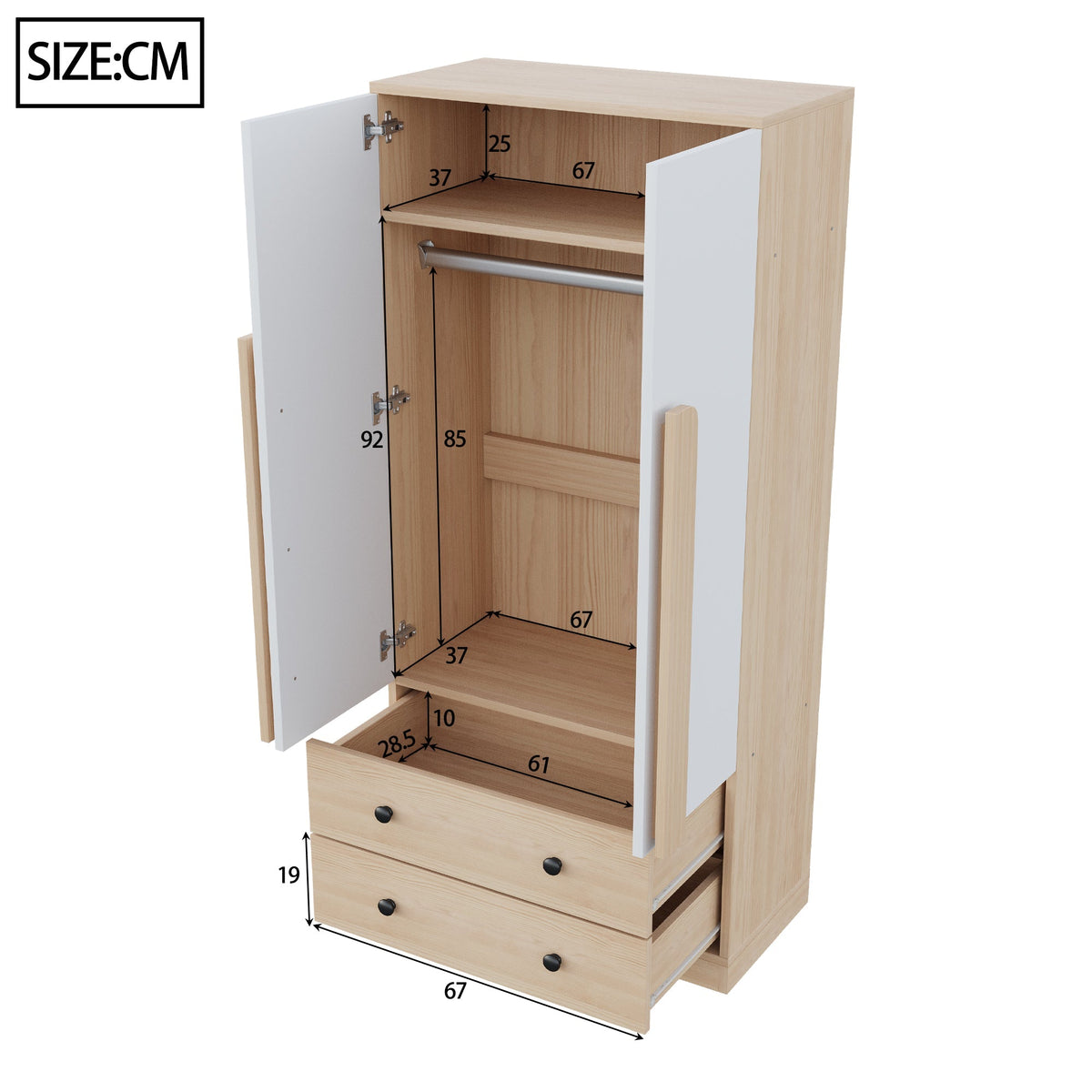 Wardrobe 70x40x170cm Double Door Design Drawers Storage, Wood Color/White
