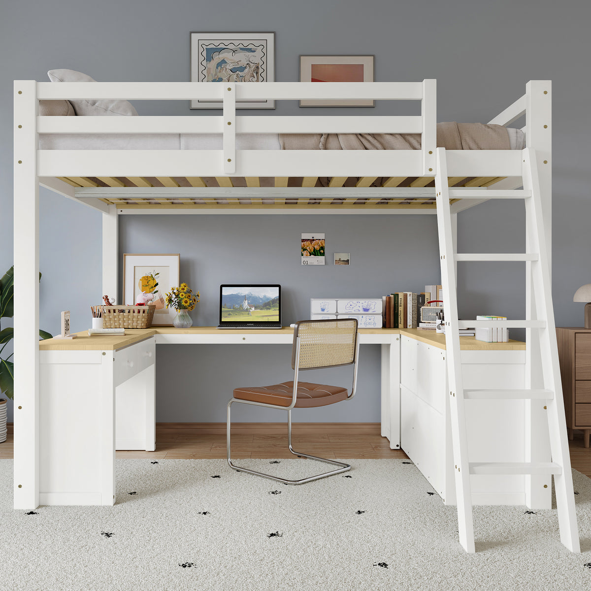 Loft Bed with U-Shaped Desk & Drawers 140x200cm - White & Natural