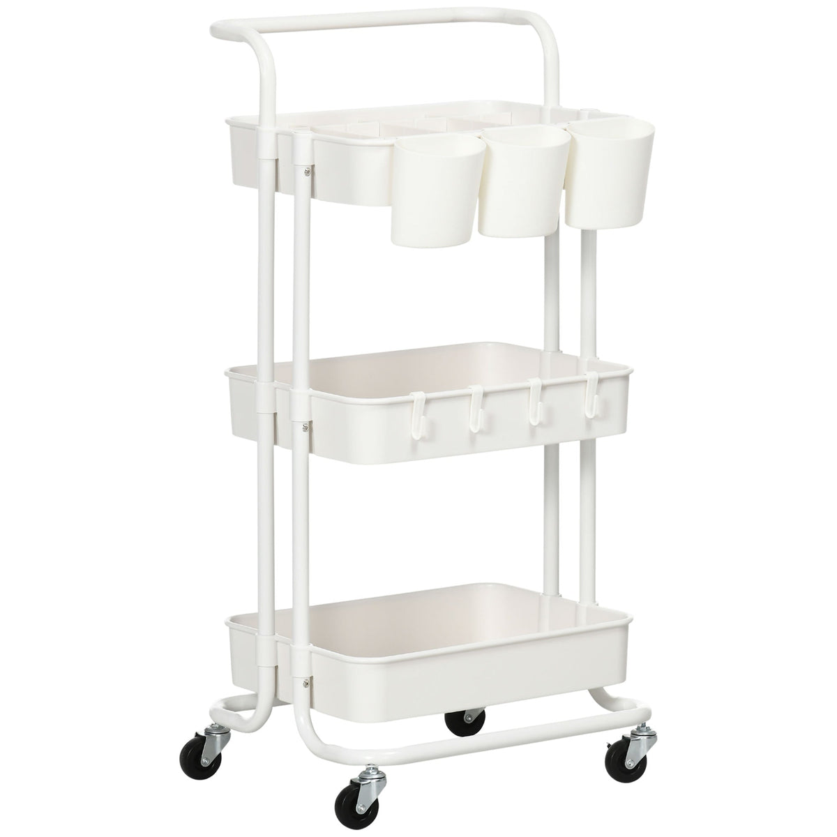 Serving Cart, 3-Tier Storage with Hooks, Steel White