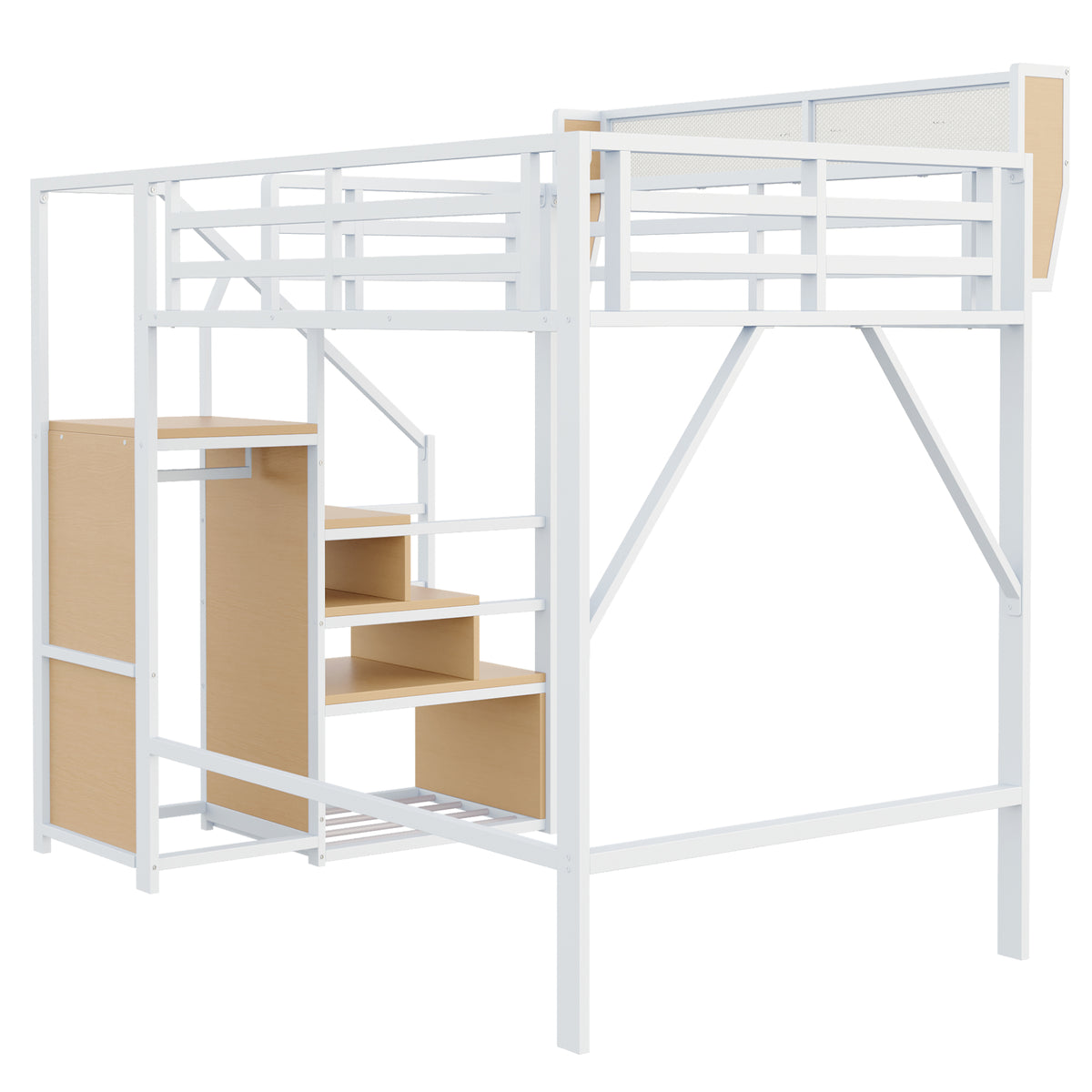 Loft Bed 140x200 with Safety Ladder & Storage, White Metal