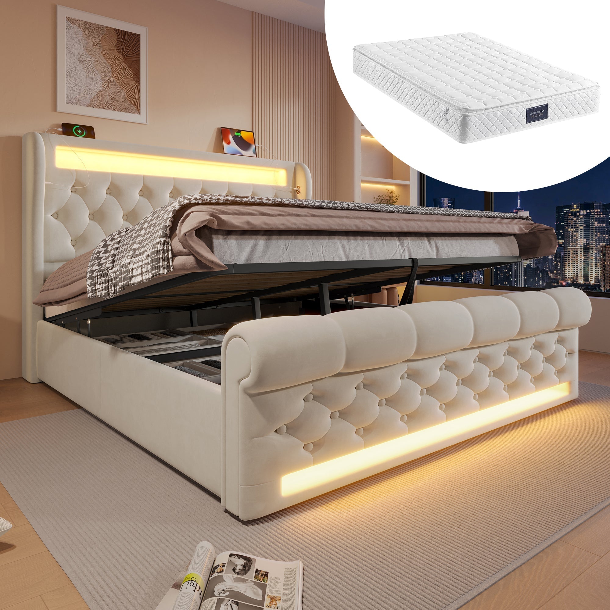 Upholstered Double Bed 160x200cm LED Hydraulic Storage Headboard USB Beige Velvet