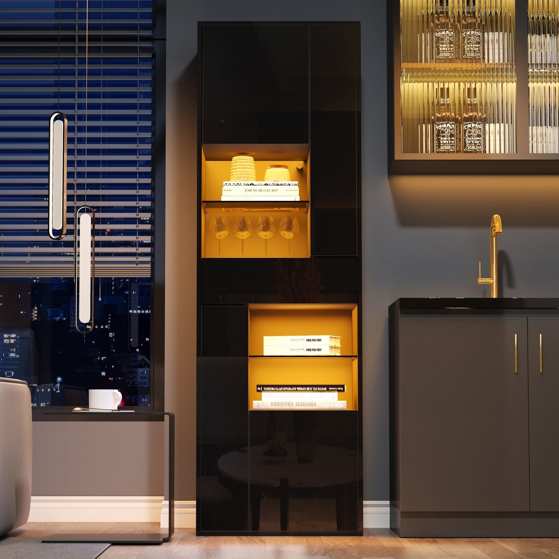 Display Cabinet 55x38x170cm Tall with LED Light, High-Gloss Black