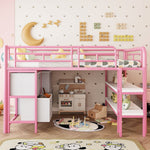 Children's Loft Bed with Metal Frame, Storage Drawers and Shelves, Pink