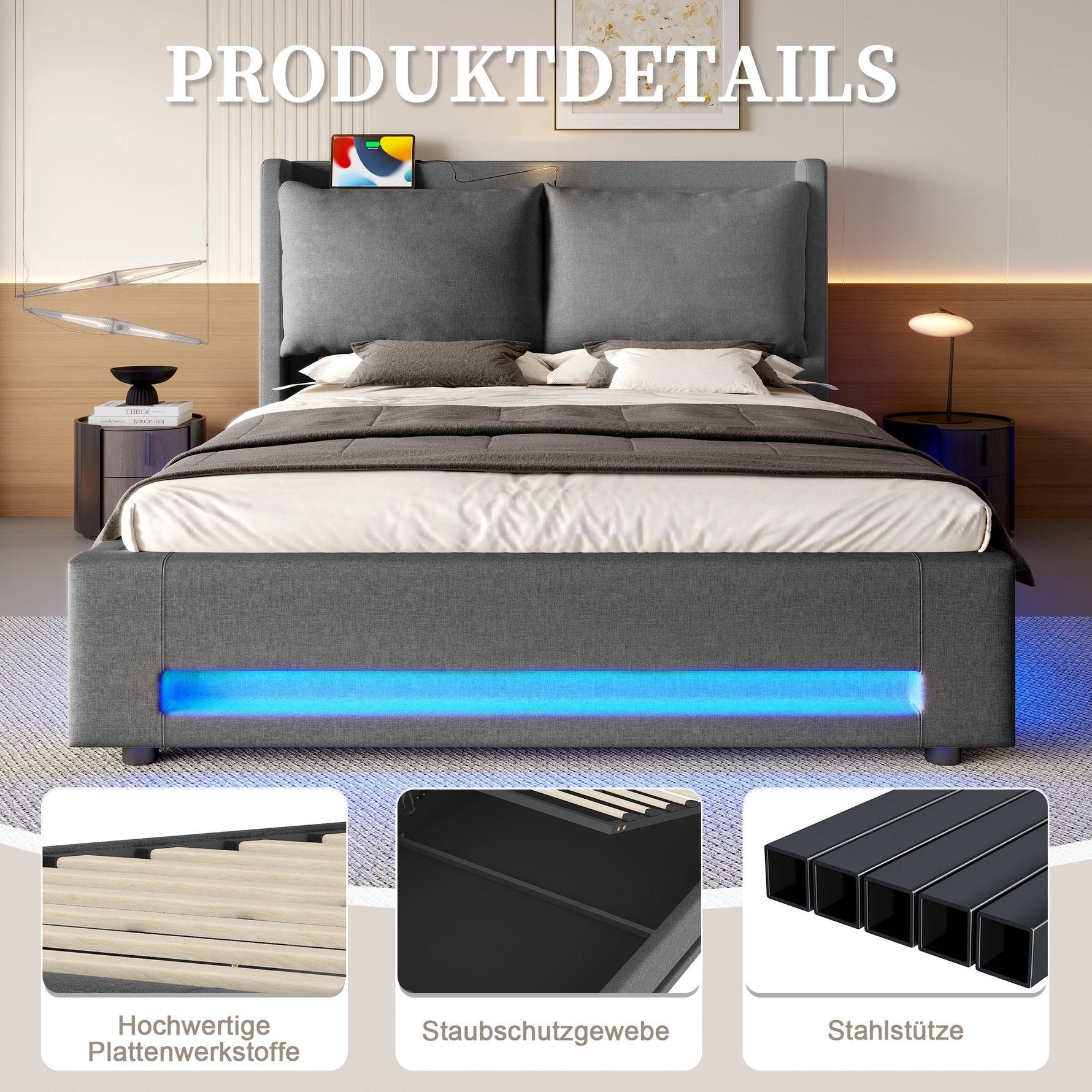 Upholstered Bed 160x200cm with Stylish Headboard, Storage, USB-C Ports, and LED Lighting