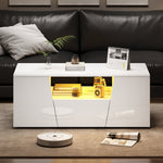 Coffee Table, Sofa Table with LED Light, 2 Cabinets, 1 Drawer, Irregular Design, White