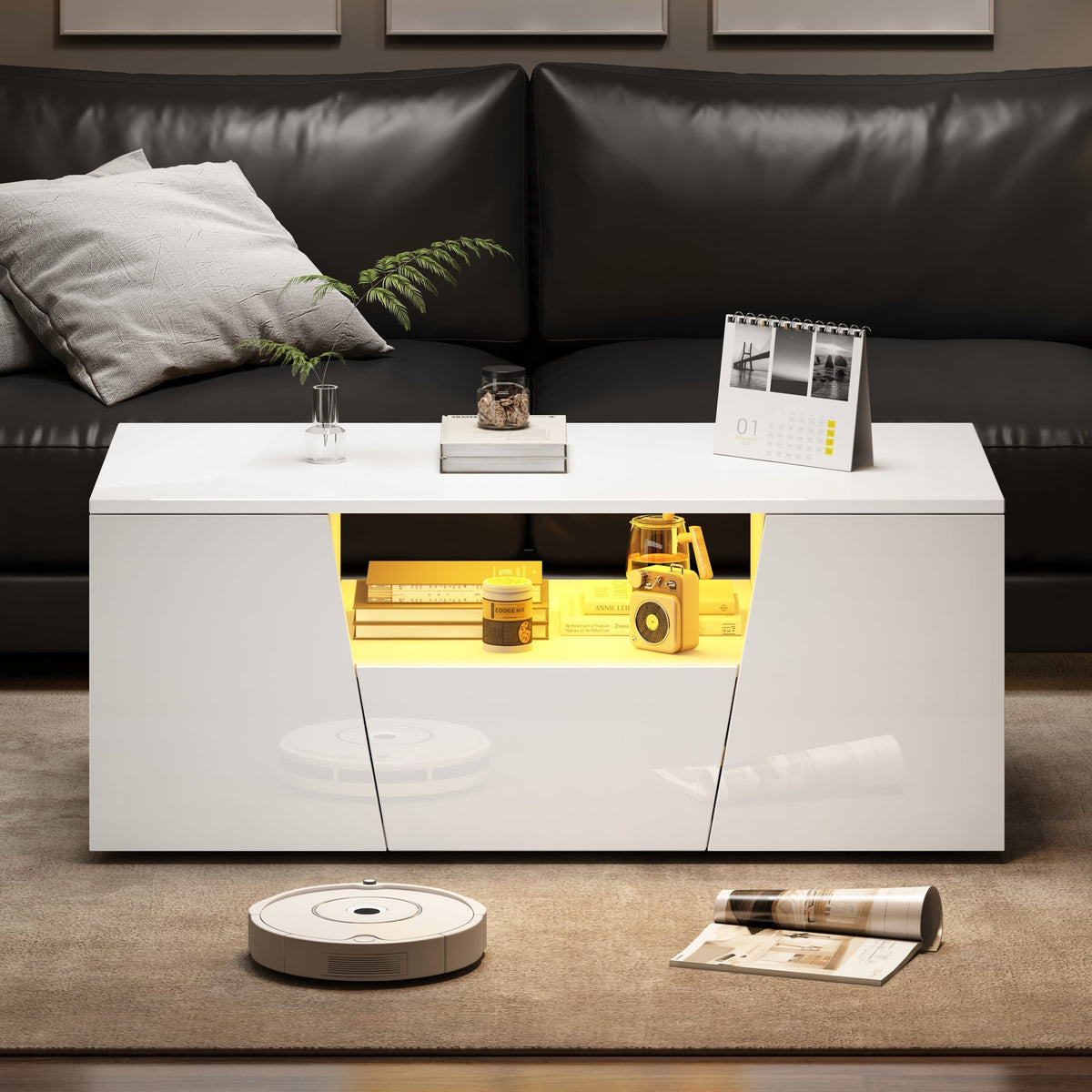Coffee Table, Sofa Table with LED Light, 2 Cabinets, 1 Drawer, Irregular Design, White