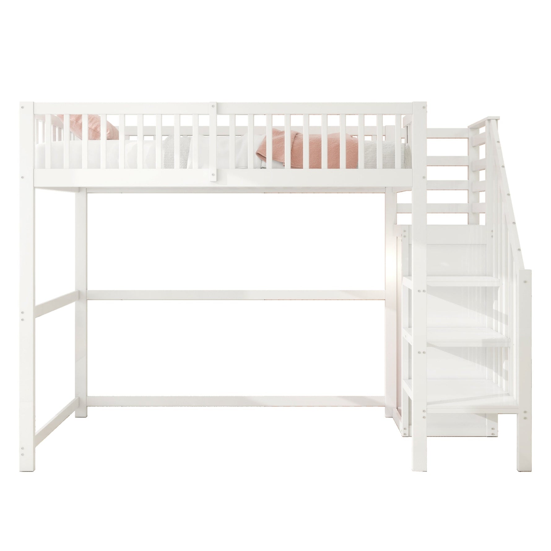 Loft Bed 90x200 with Stairs Storage Shelf Wardrobe, White Wooden