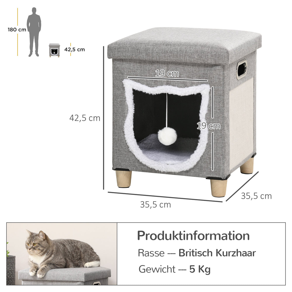 Cat Cave Ottoman, Cushion, Scratching Mat, Grey Polyester
