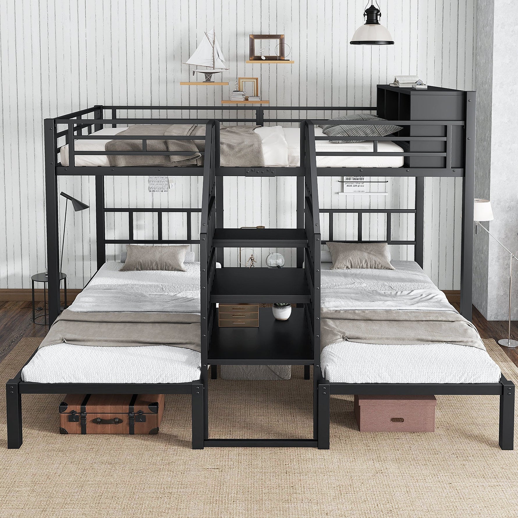 Iron Bunk Bed 3-Sleeper with Storage Stairs 90x200/140x200cm, Black
