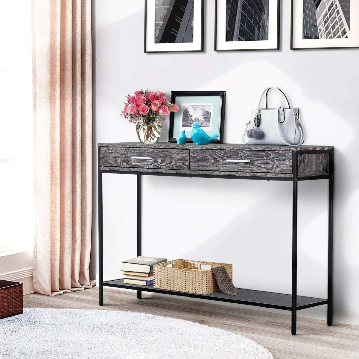 Console Table with 2 Drawers, Lower Shelf, Steel Grey
