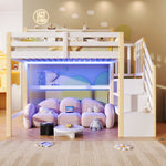 Loft Bed 90x200cm with LED Lights & Storage Ladder, White+Natural